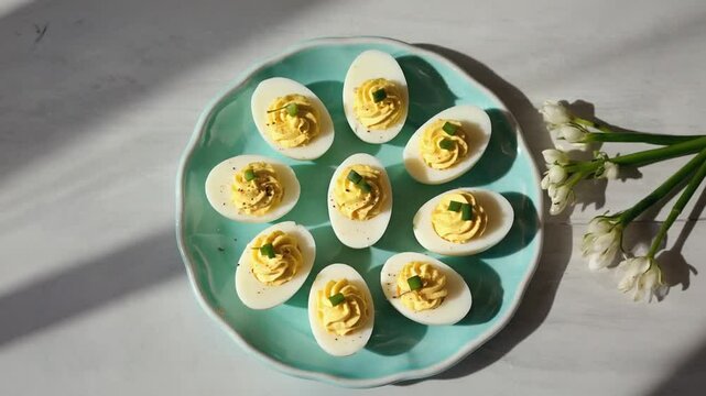 A beautifully arranged platter of deviled eggs garnished with herbs on a light background