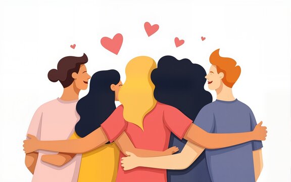 United community, people group hugging together. Support, peace, humanism concept. Supporting loving society. Supportive unity embracing together. Flat vector illustration isolated on white background