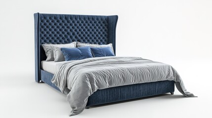 A luxurious, modern bed with a tufted navy blue headboard, layered with gray and blue pillows and a neatly draped gray comforter.