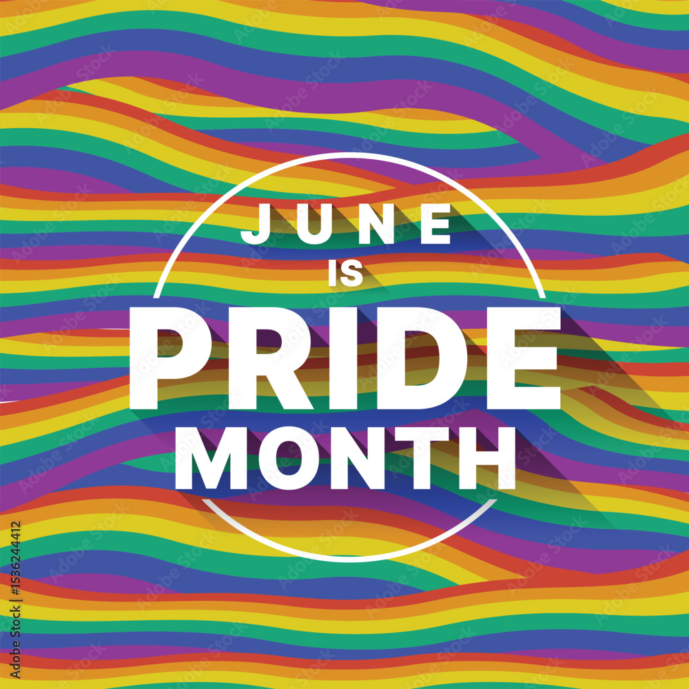Poster june is pride month text in line circle on abstract rainbow pride flag waving texture background vec