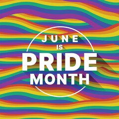 June is pride month text in line circle on abstract rainbow pride flag waving texture background vector design