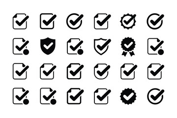 Checkmark, approval icon set. Vector glyph pictograms of validation, certification, confirmation concept, checklists, documents, awards, and security verification black silhouette illustration.