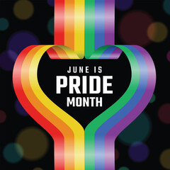 June is pride month Text in Rainbow pride flag separate to heart shape frame on black background vector design