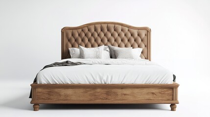 Obraz premium A stylish wooden bed with a tufted, cushioned headboard, neatly made with white linens and pillows, set against a plain white background.