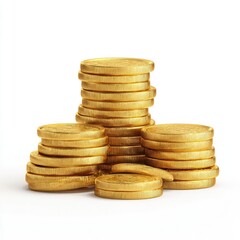 Gold coins stacked in a pyramid shape on a white background