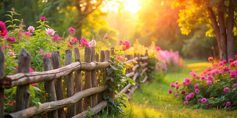 Rustic wooden fence bordering a vibrant summer garden bathed in warm golden sunlight, showcasing a profusion of blooming flowers in shades of pink and purple
