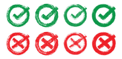 Se of grunge check mark and cross icons. Green check mark OK and red X icons, symbols YES and NO button for vote, decision, election choice - vector 