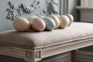 Elegant spring bench with pale pastel eggs