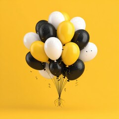 Bunch of black, white, and yellow balloons on a yellow background