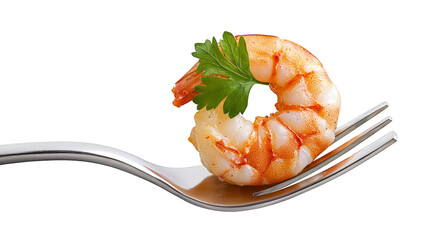 Closeup of succulent shrimp on a fork, culinary delight juicy