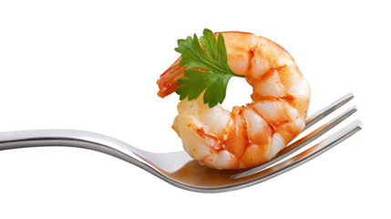 Closeup of succulent shrimp on a fork, culinary delight juicy