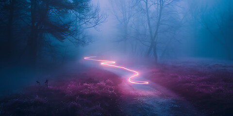 Obraz premium Glowing Pink Trail Through Misty Trees and Purple Foliage in a Serene Forest