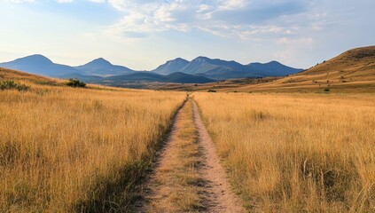 Golden path through tall grass, leading to distant mountains