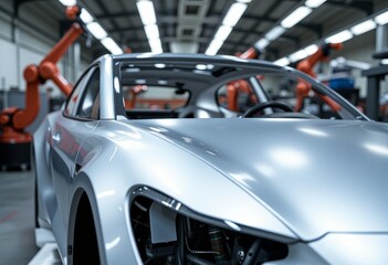 Silver car body on assembly line with robotic arms in factory, for manufacturing or automotive industry mockup