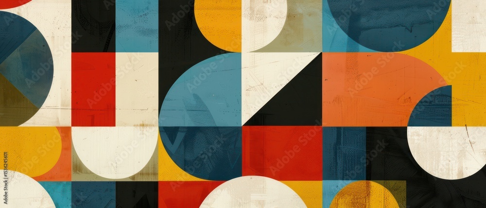 Poster geometric shapes intersecting and overlapping in a symphony of colors and patterns, evoking a sense 