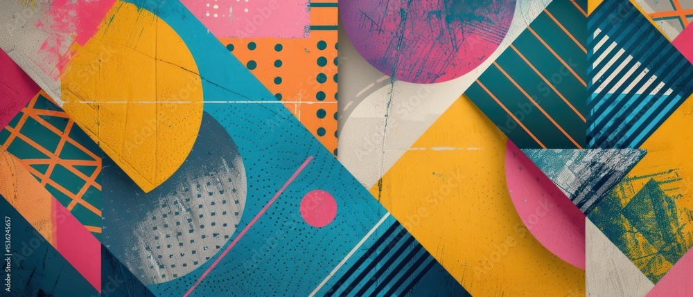 Poster geometric shapes intersecting and overlapping in a symphony of colors and patterns, evoking a sense 