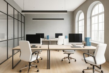 Fototapeta premium Modern open space office interior with minimalist design, natural light from arched windows, and contemporary furniture arrangement.