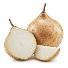Fresh jicama displays its white flesh alongside whole yam bean on a white backdrop