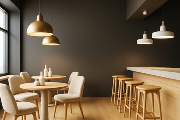 Modern minimalist cafe interior with wooden furniture, pendant lighting, and neutral decor in a cozy design-focused room with dark walls.