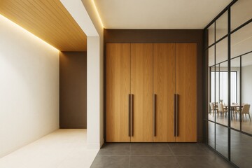 Fototapeta premium Modern hallway interior with wooden built-in cabinets, glass partition, and recessed ceiling lighting in contemporary architectural design concept.