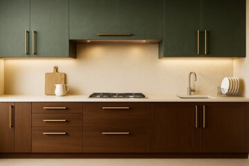 Modern minimalist kitchen interior with wooden lower cabinets and dark green upper cabinets, under-cabinet lighting, and simple decor setup.