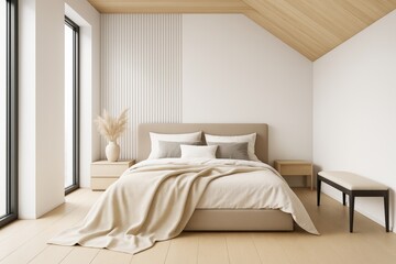 Fototapeta premium Minimalist cozy bedroom with soft lighting, modern furniture and natural wood accents in a bright contemporary interior design concept space.