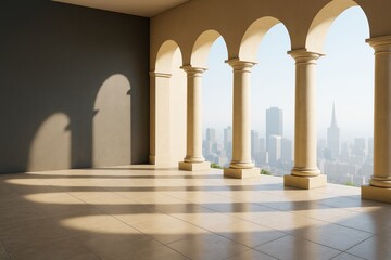 Elegant classical-style indoor balcony with arches overlooking modern city skyline, bathed in warm sunlight and soft architectural shadows.