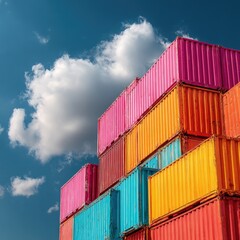 Colorful shipping containers stacked high against a vibrant blue sky with puffy white clouds