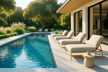 Fototapeta premium Modern outdoor poolside with elegant lounge chairs and minimalist architecture in natural light surrounded by lush greenery and trees.