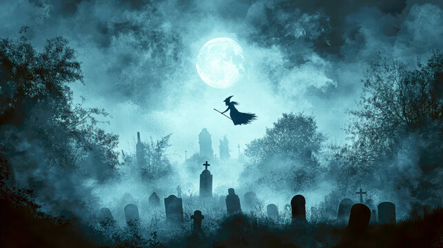 Under moonlight, a silhouetted witch soars over a graveyard with eerie fog rolling between tombstones