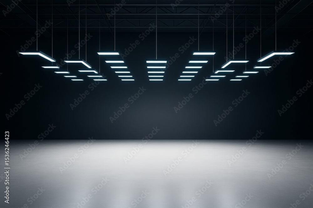 Poster modern empty interior room with geometric ceiling lights and dark background for creative mockup or 
