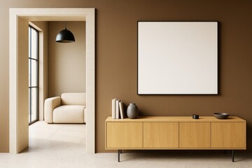 Contemporary minimalist interior with blank frame on brown wall and light wooden cabinet in modern room with doorway to cozy lounge area.