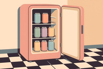 Retro Pink Fridge with Open Shelves in Colorful Vintage Kitchen Decor