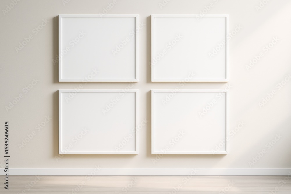 Aufkleber four blank white square picture frames on a beige wall in a modern empty interior with soft lighting