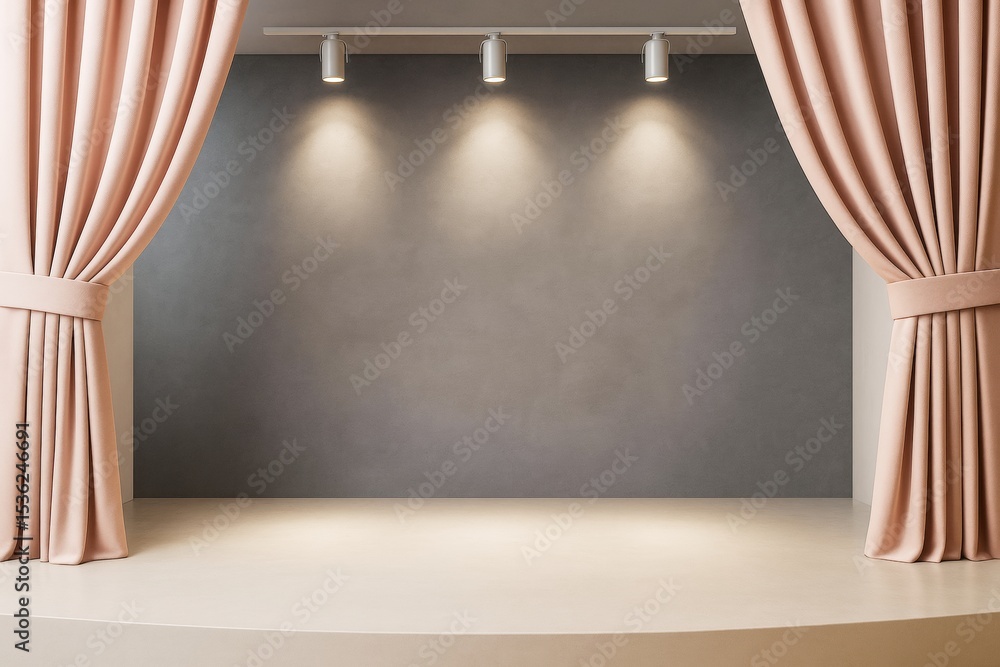 Poster elegant minimalist stage with soft pink curtains and spotlight lighting in modern empty interior wit