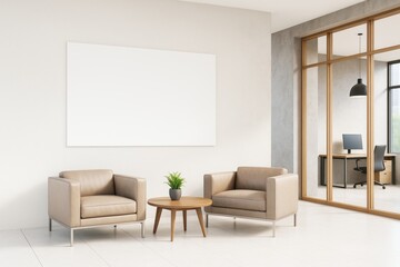 Fototapeta premium Modern office lounge interior with two beige armchairs, wooden table, and blank white frame on wall in bright clean space for branding concept.