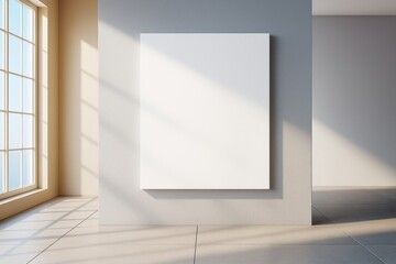 Blank canvas on modern wall in sunlit minimalist room with large window and clean interior, ideal for creative branding or mockup presentation.