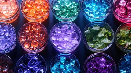 Colorful translucent gems or ice cubes in small glass bowls