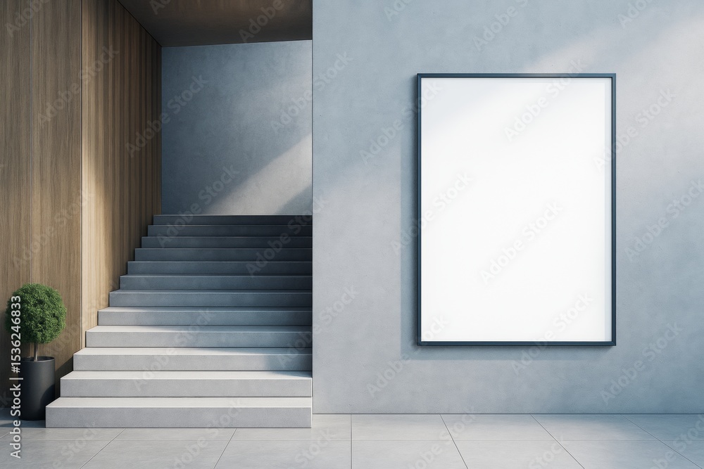 Poster modern empty interior with staircase and blank framed poster on clean wall for branding or design mo