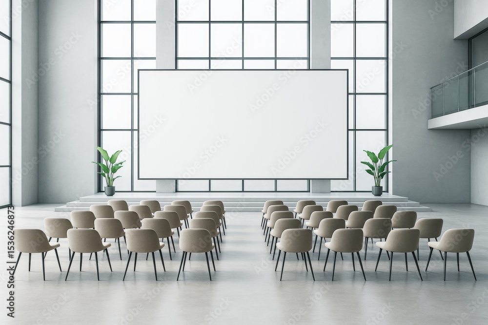 Poster modern empty conference hall with blank screen and rows of beige chairs in bright contemporary inter