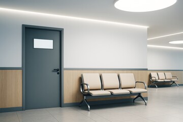 Modern empty waiting room interior with beige chairs, light wood panel walls, clean tiled floor, and closed dark door under bright ceiling lights.