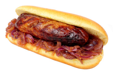 Grilled pork sausage in a brioche bread finger roll with fried onions isolated on a white background
