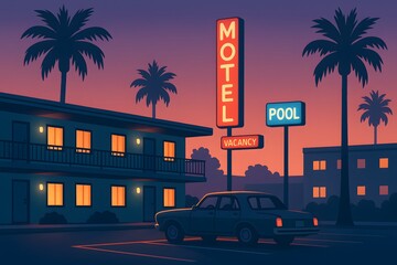 Retro Motel with Neon Lights and Pool - Evening Urban Landscape with Automobile and Palm Trees