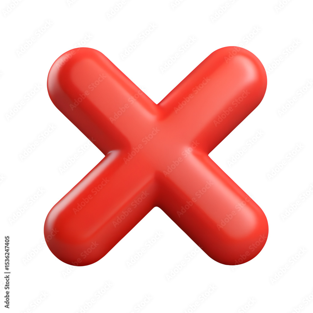Poster bold and glossy red x mark on a white background representing error or denial isolated on transparen