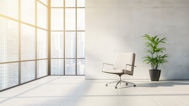 Minimalist office corner with ergonomic chair and plant, conveying modern simplicity and calm productivity.