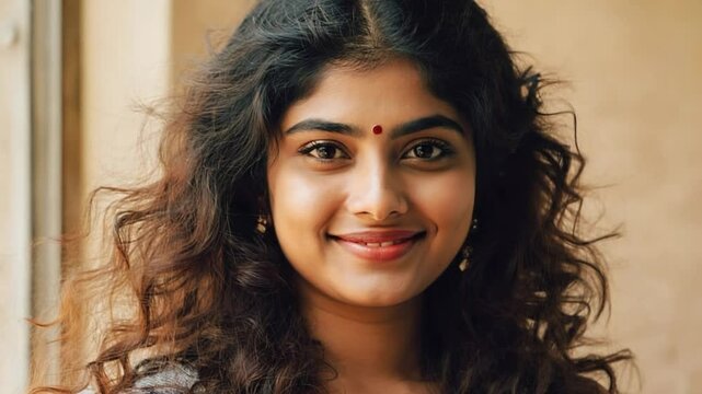 A beautiful young Indian woman with expressive eyes and a warm smile, symbolizing diversity and grace. Ideal for cultural, lifestyle, or beauty content.