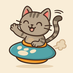 A cheerful cartoon cat riding a UFO shaped like a paw print, waving playfully with one paw while its tail spins like a rotor. Funky and silly vector illustration on a plain background.