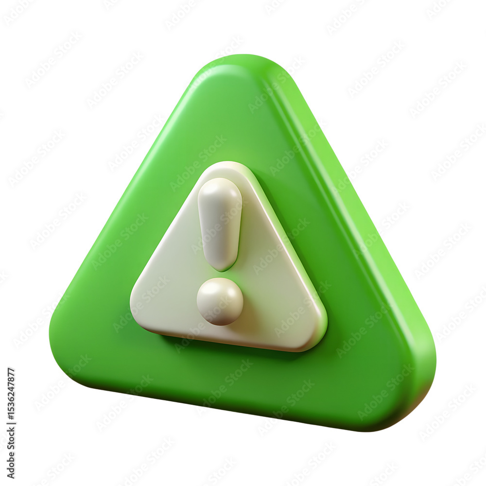Poster 3d rendering of a green warning sign icon with exclamation mark isolated on transparent background p