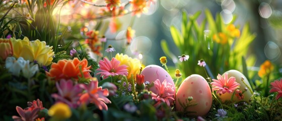 Renewal of the Easter season blooming spring garden with colorful flowers, lush greenery, and decorative Easter eggs hidden among the foliage.