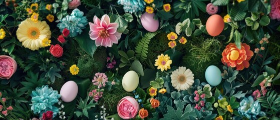 Renewal of the Easter season blooming spring garden with colorful flowers, lush greenery, and decorative Easter eggs hidden among the foliage.